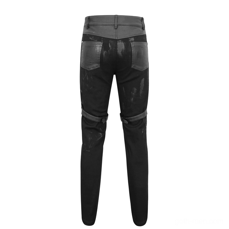 Black gothic cargo pants rear flat lay showing dual thigh buckle straps and coated fabric texture