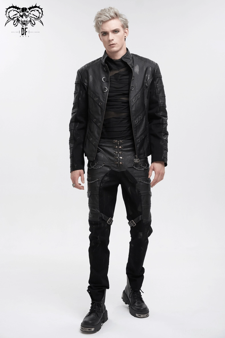 Black gothic cargo pants fabric texture and coated surface detail showing material quality