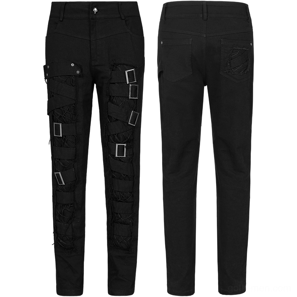 Flat lay front and back view of mesh buckle gothic cargo pants, showing buckle straps and pocket detailing