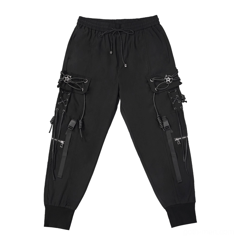 Front flat lay of black gothic cargo pants showing drawstring waist, multiple cargo pockets, and tactical design