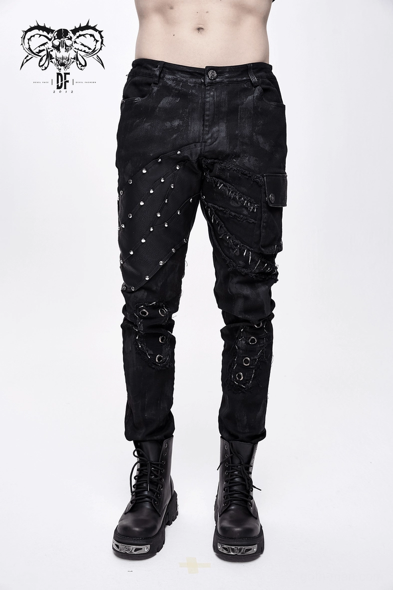 Black studded punk rock cargo pants front flat lay with full detail visibility