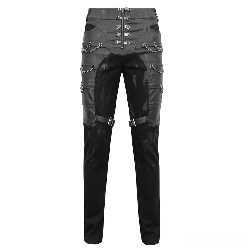 Black gothic cargo pants flat lay showing front lace-up closure, multi-chain pocket decorations, and leather patchwork