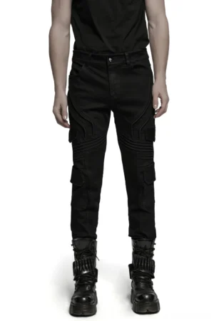 Black gothic cargo pants front view slim fit geometric stitching punk style
