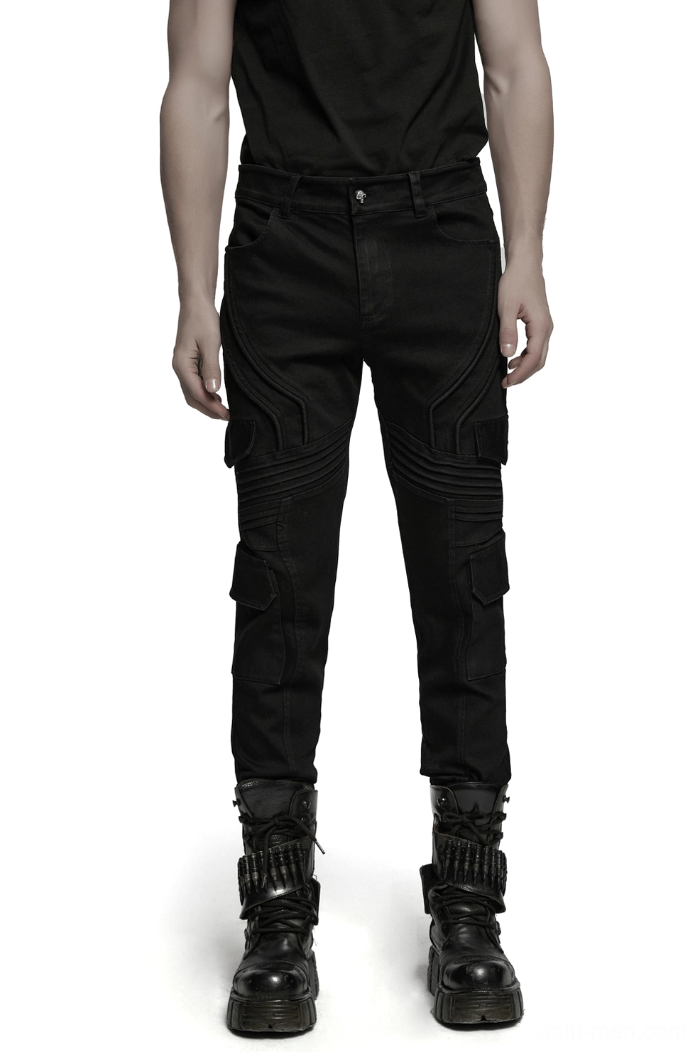 Black gothic cargo pants front view slim fit geometric stitching punk style