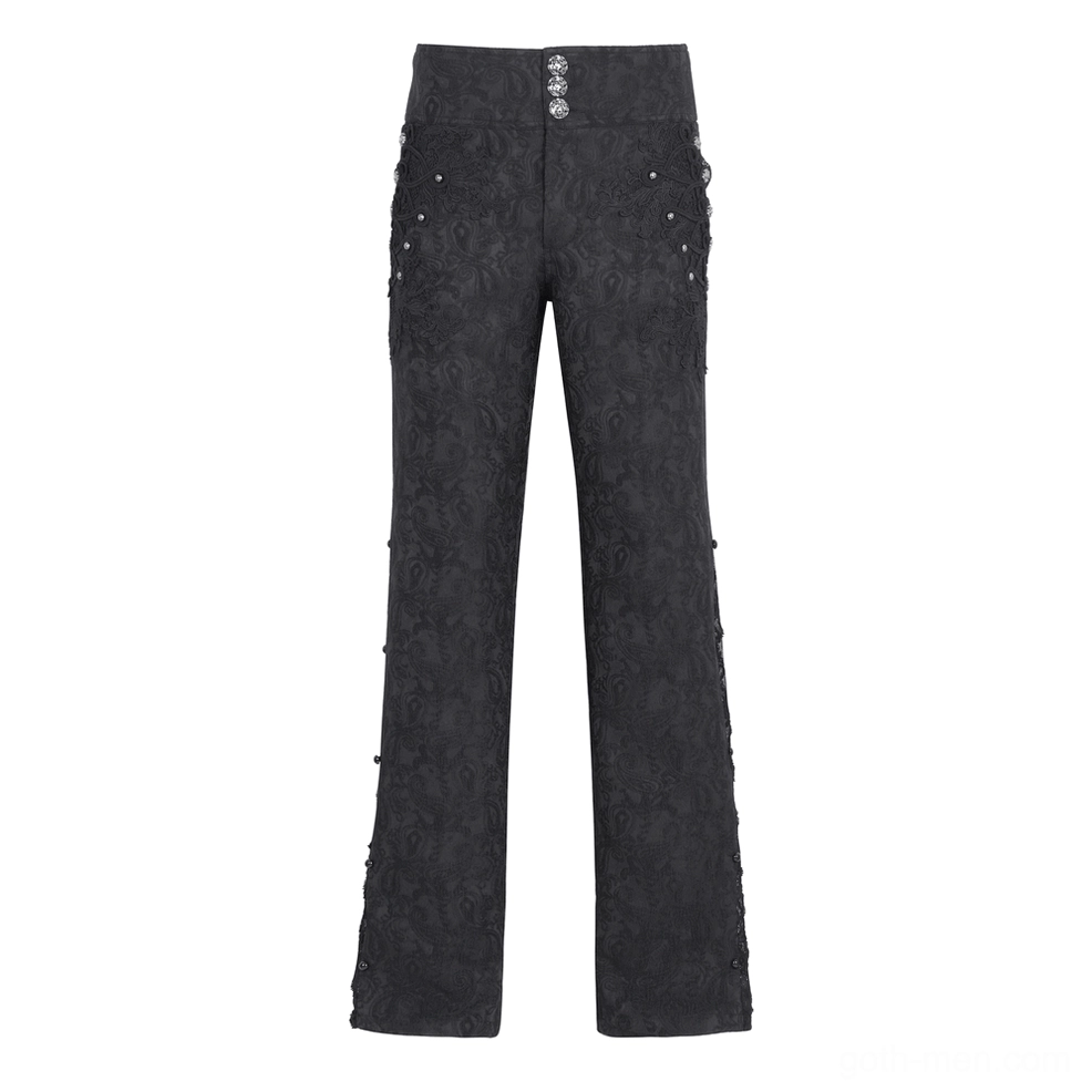 Black embroidered cargo pants front flat lay with triple metal waist buttons and jacquard texture