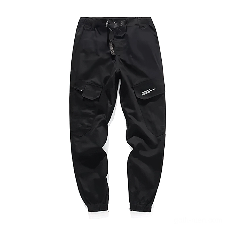 Black gothic cargo pants front flat display with cargo pockets and decorative details