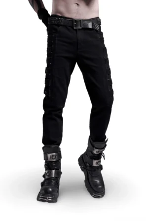 Black gothic cargo pants with side strap details worn by male model in front three-quarter view
