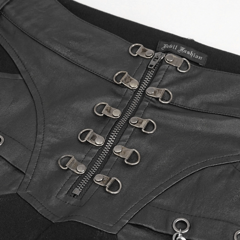 Close-up detail of black gothic cargo pants front zipper lace-up hardware and waist closure system