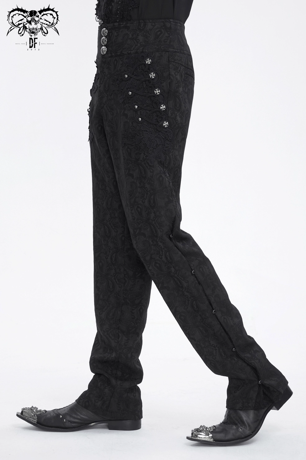 Black gothic cargo pants overall construction showing fitted silhouette and metal accents