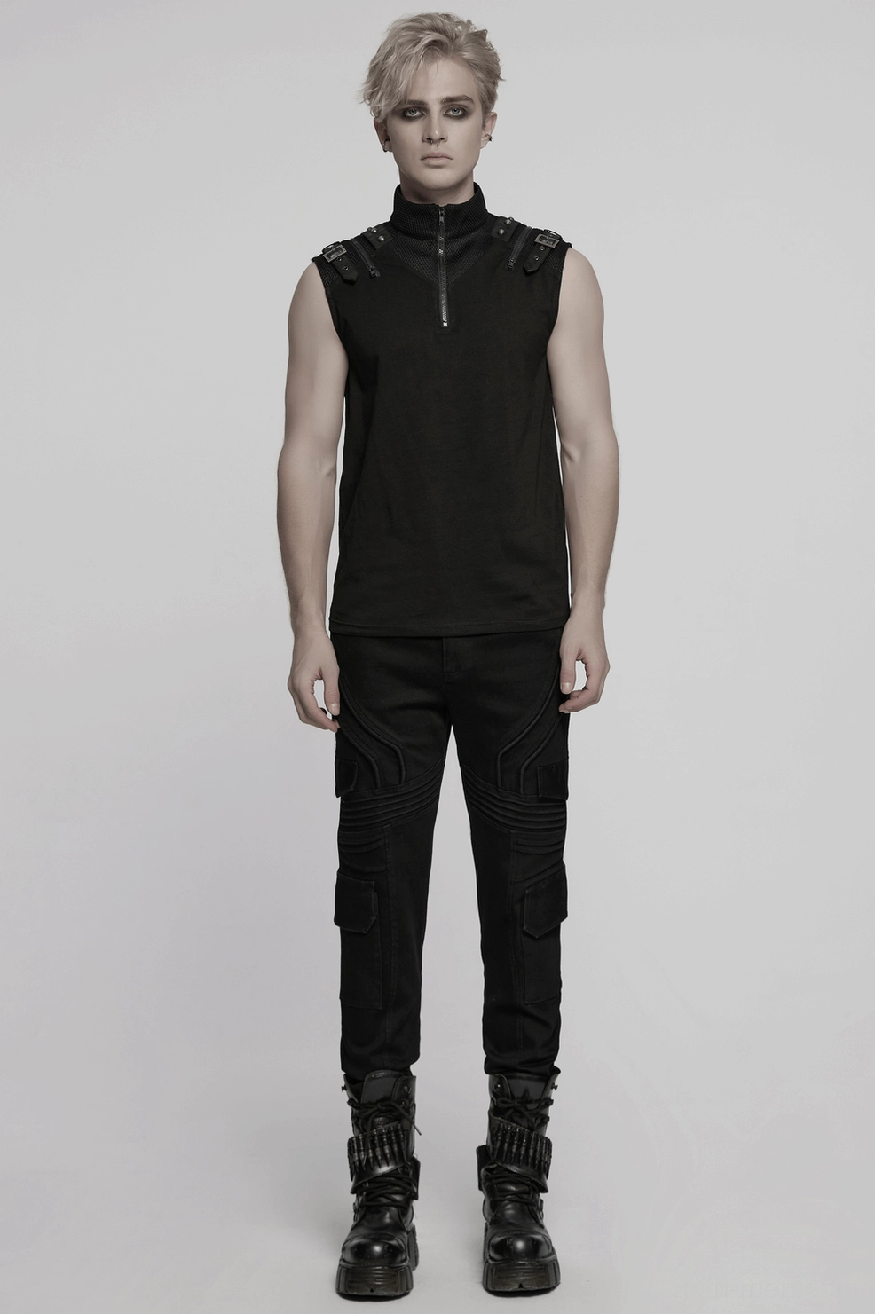 Black slim fit cargo pants flat lay showing full garment construction quality