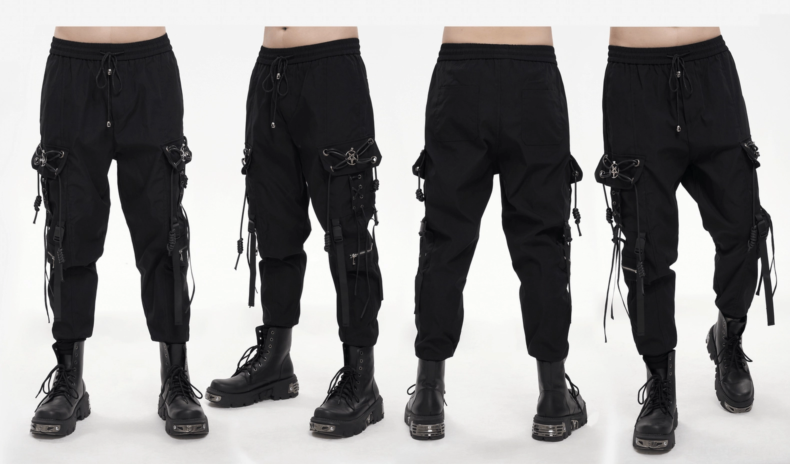 Full-length view of black gothic cargo pants highlighting utility pockets, pentagram details, and alternative fashion aesthetic