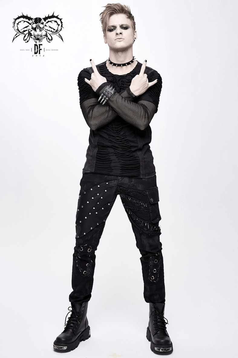 Black studded gothic cargo pants hero shot front view with silver hardware detail