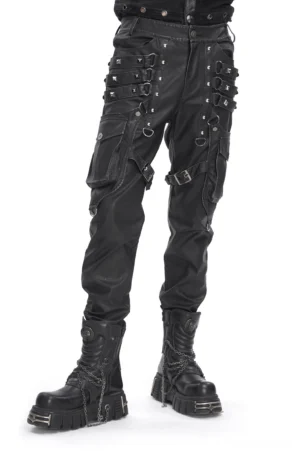 Black gothic leather cargo pants with metal buckles and utility straps, front three-quarter view with platform boots, showcasing side pockets and rivet details