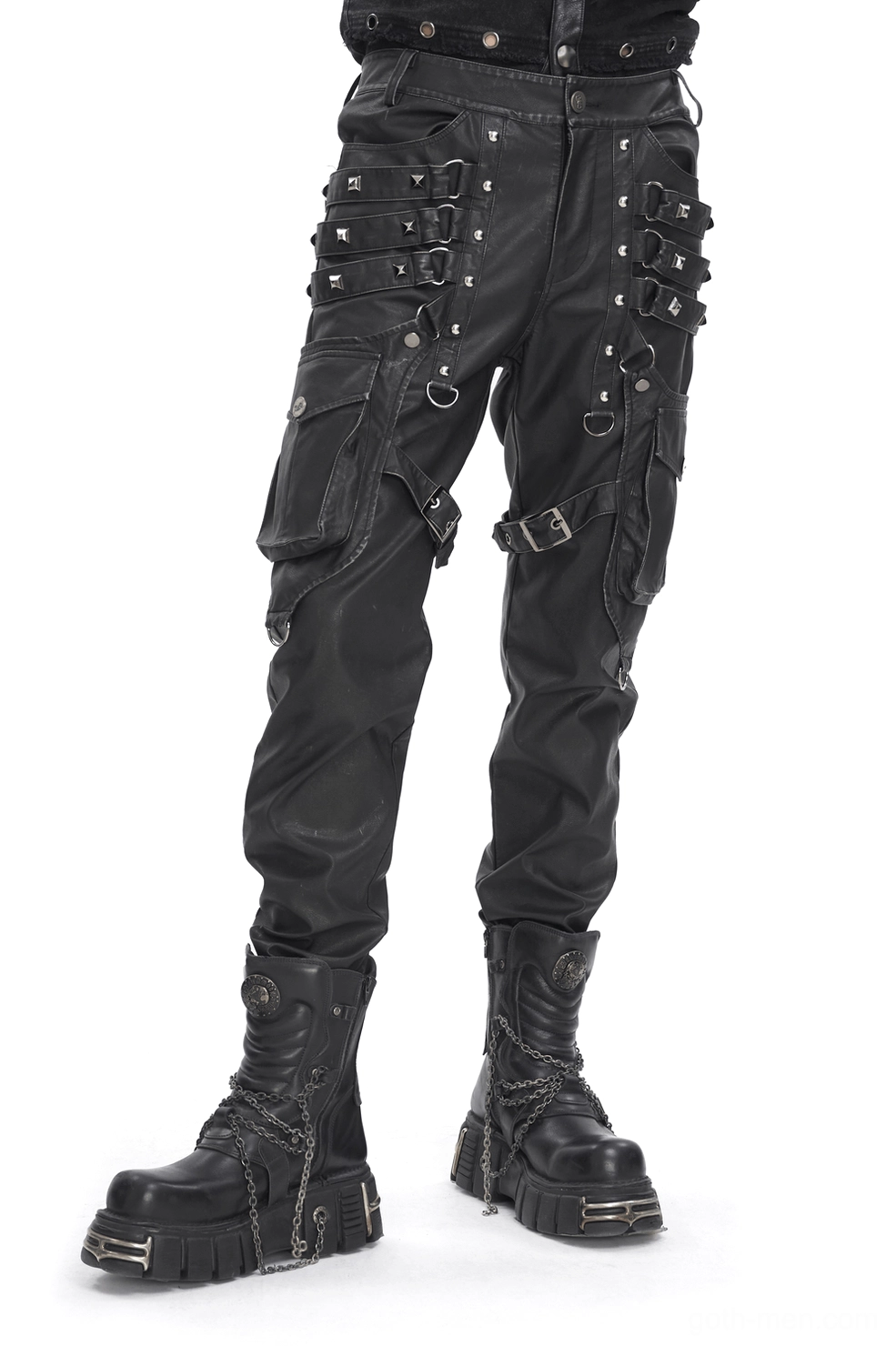 Black gothic leather cargo pants with metal buckles and utility straps, front three-quarter view with platform boots, showcasing side pockets and rivet details