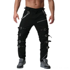 Black gothic metal cargo pants with decorative zippers and chains front full-body view