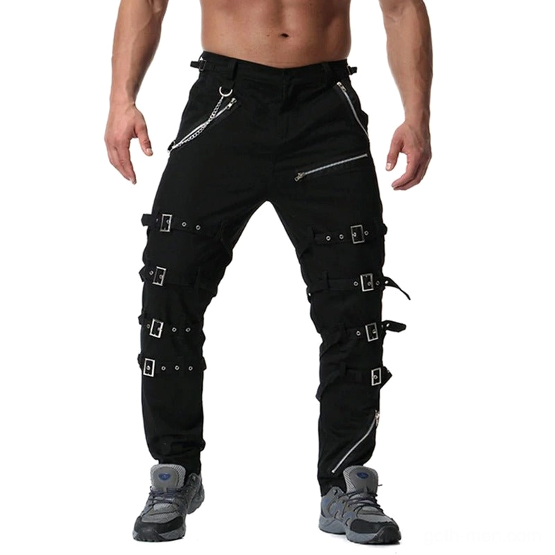 Black gothic metal cargo pants with decorative zippers and chains front full-body view