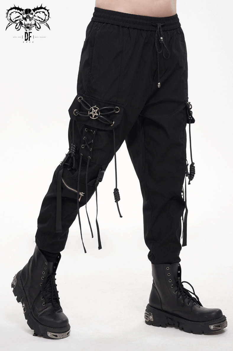 Black gothic cargo pants complete outfit view showcasing loose fit and utility design in alternative fashion context
