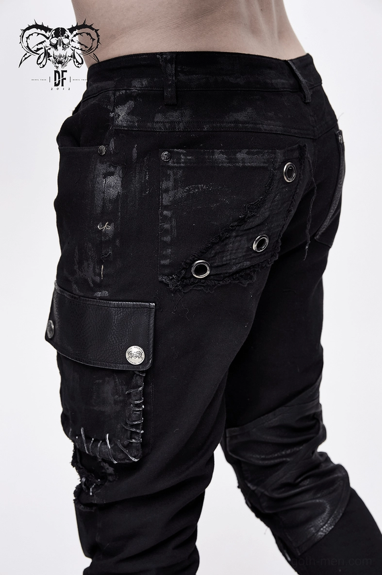 Premium black punk biker trousers detail shot revealing texture and leather panel accents