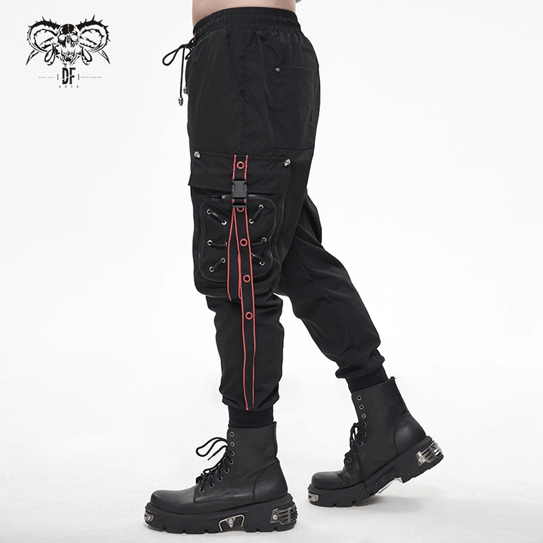 Black gothic cargo pants detail shot emphasizing alternative punk fashion aesthetic and construction