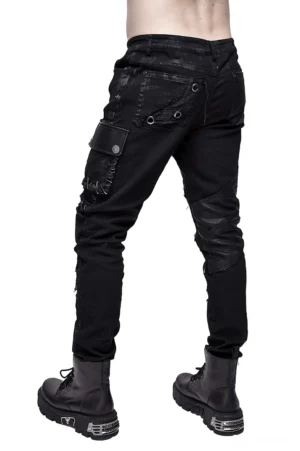 Black punk rock biker trousers rear three-quarter angle showing leather panels and rivet cargo pocket