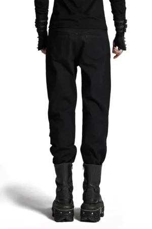 Black gothic cargo pants rear view featuring 3D armor patches and tactical knee construction