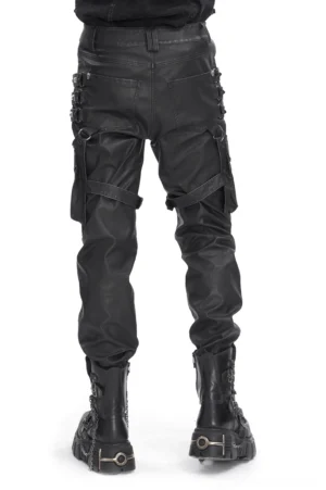 Black leather gothic pants rear view displaying leg straps, back pocket details, and strategic rivet placement for industrial aesthetic