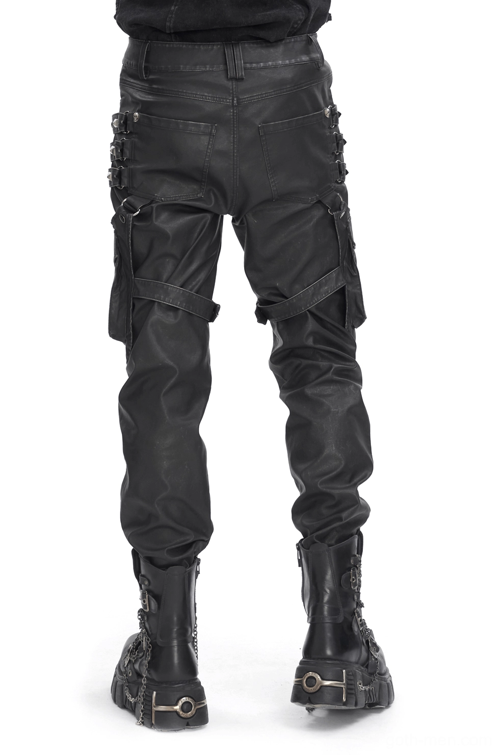 Black leather gothic pants rear view displaying leg straps, back pocket details, and strategic rivet placement for industrial aesthetic