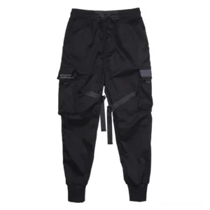 Black gothic cargo pants with ribbon straps and utility pockets - front flat lay view