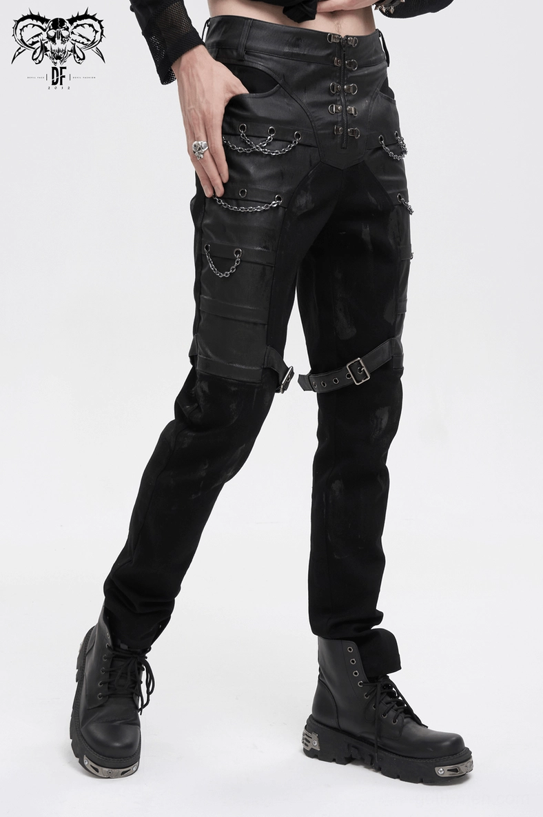 Black gothic cargo pants seam and hardware quality close-up demonstrating craftsmanship