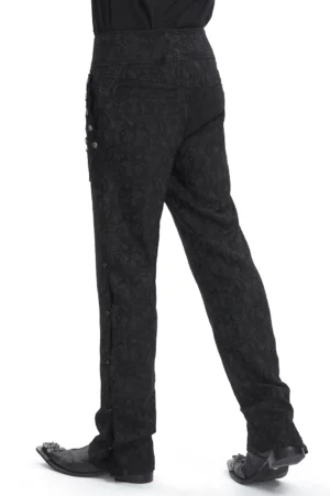 Black embroidered cargo pants side rear view showing jacquard pattern and side button details