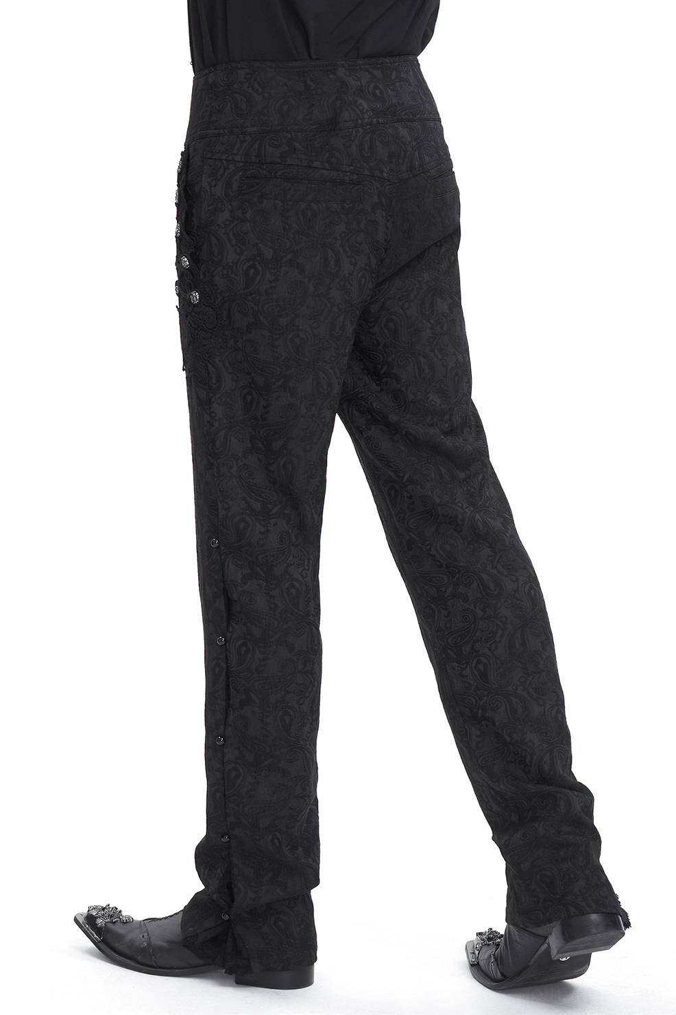 Black embroidered cargo pants side rear view showing jacquard pattern and side button details