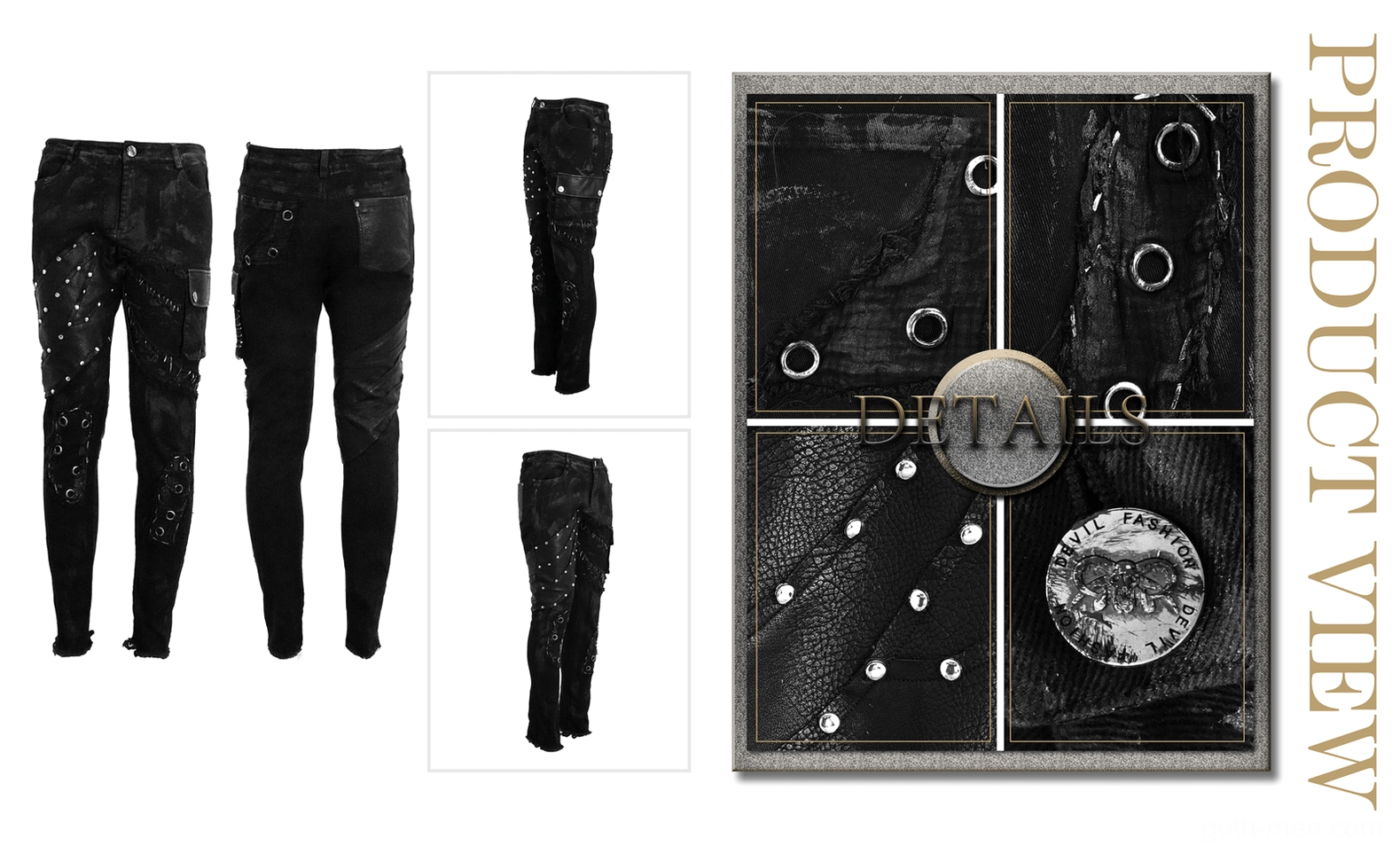 Compilation collage of black studded gothic cargo pants multiple angles and detail preview