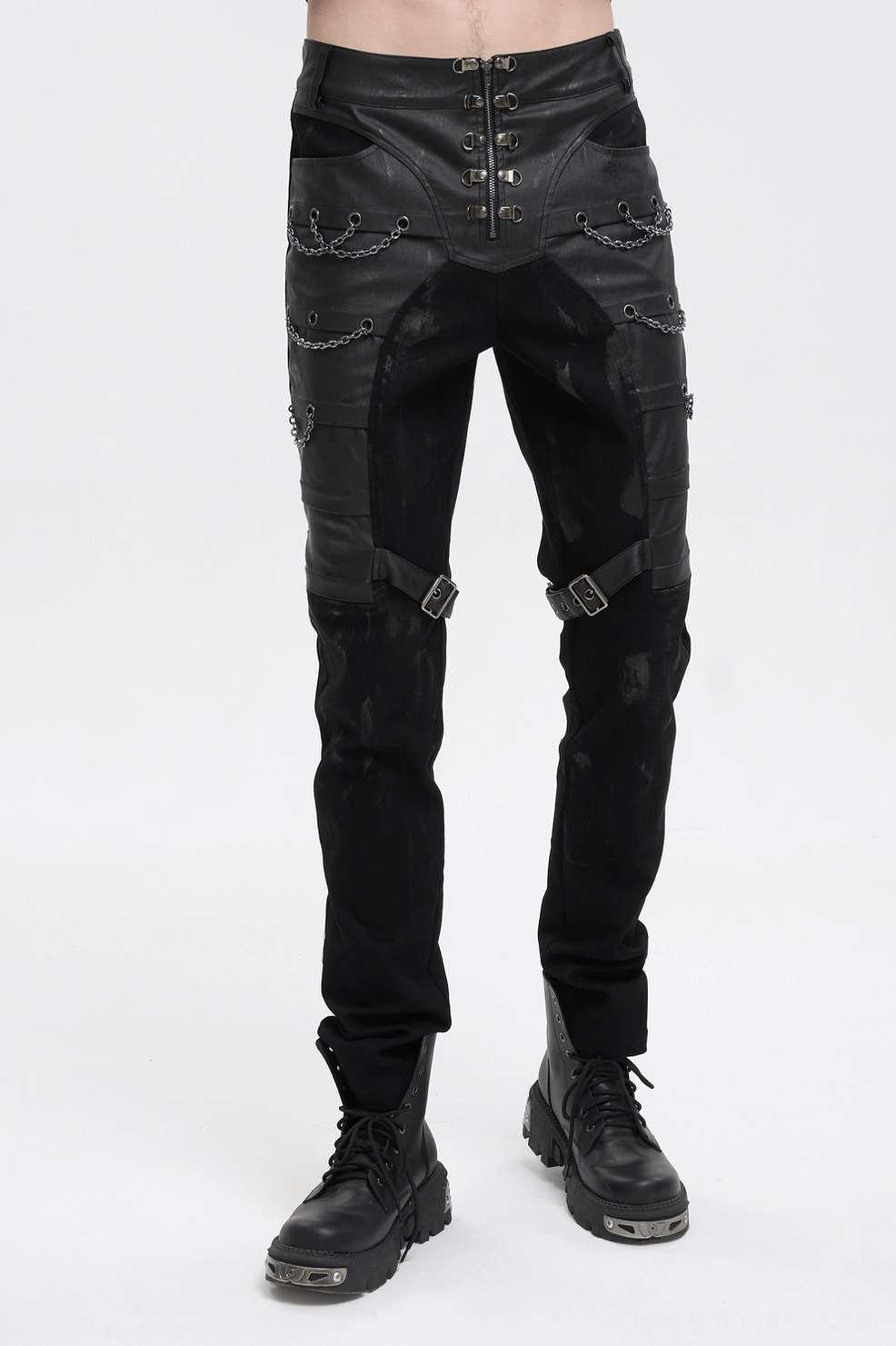 Black gothic cargo pants styled on model with platform boots showcasing complete aesthetic