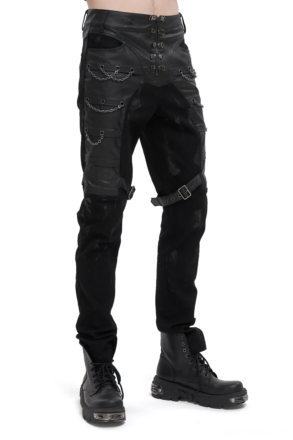 Black gothic cargo pants front three-quarter view with thigh buckle straps and chain details on male model
