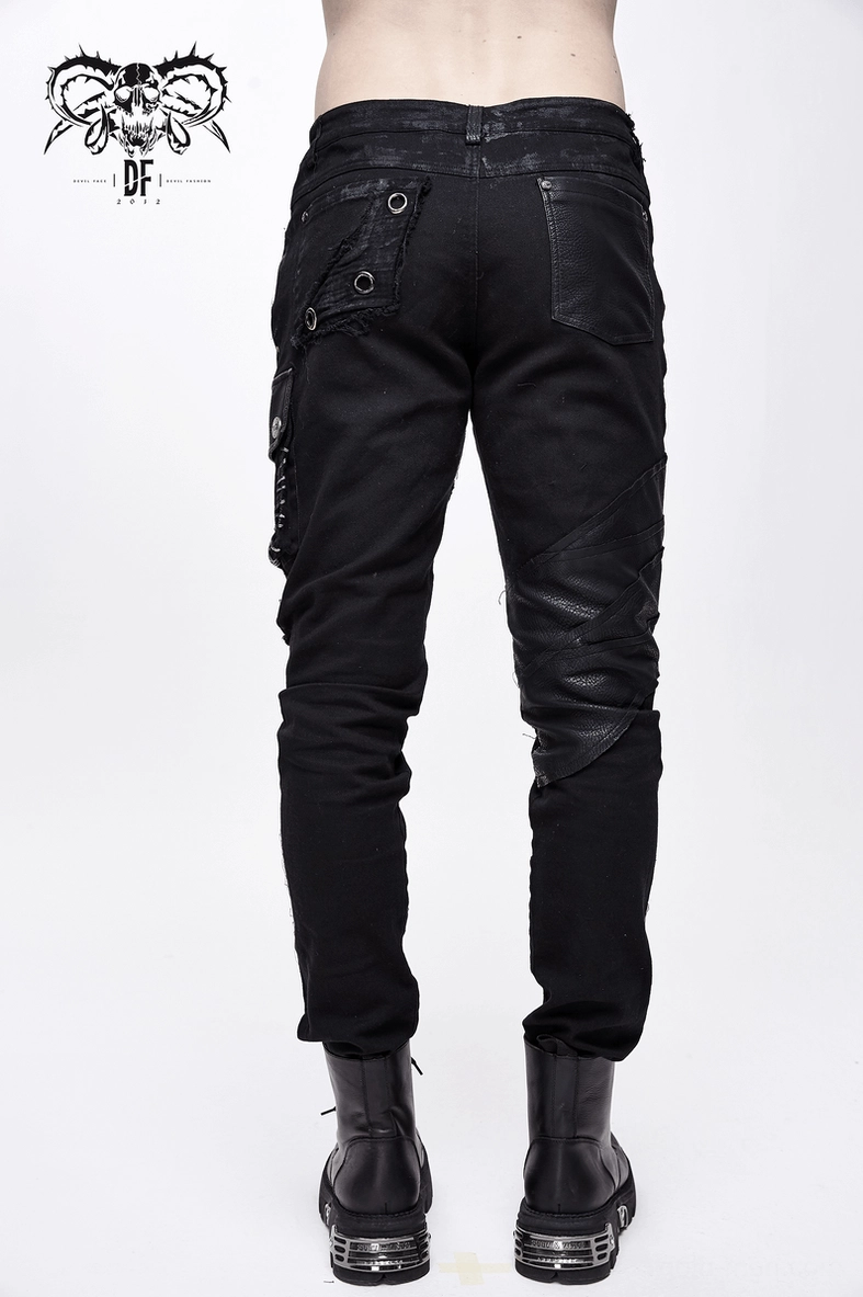 Black slim-fit gothic cargo trousers three-quarter view showing overall construction
