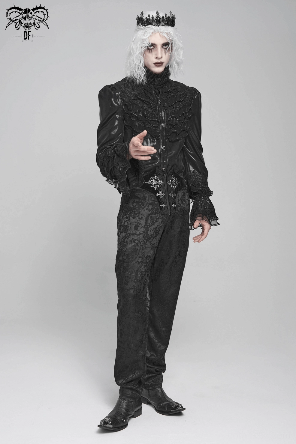 Black gothic cargo pants flat lay showing zip front closure and overall silhouette design