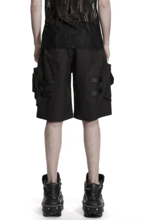 Black cargo shorts with dual buckle fastenings rear view showcasing structured silhouette