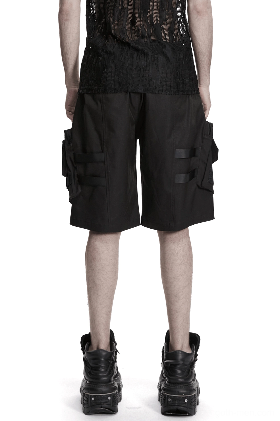 Black cargo shorts with dual buckle fastenings rear view showcasing structured silhouette