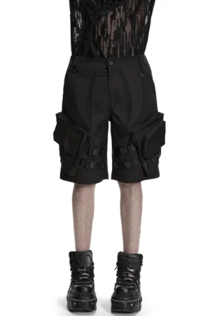 Men's black gothic cargo shorts front view with buckle straps and 3D mesh pockets, styled with combat boots