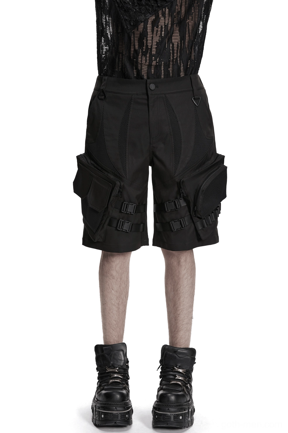 Men's black gothic cargo shorts front view with buckle straps and 3D mesh pockets, styled with combat boots