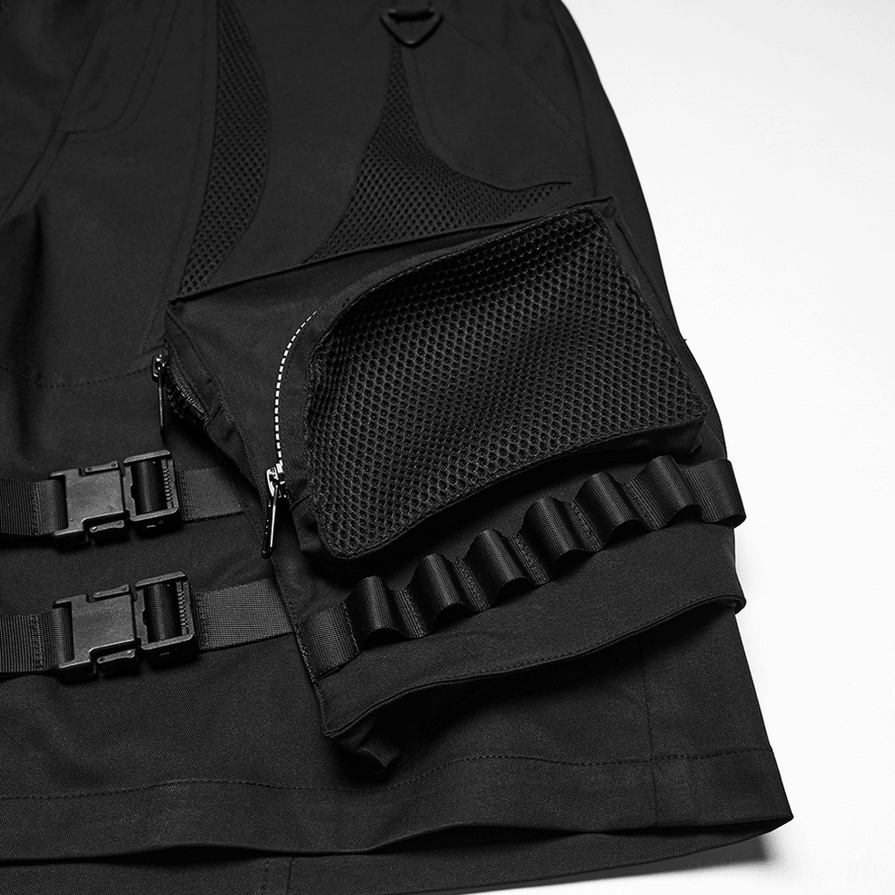 Detailed close-up of cargo pocket with plastic buckles, zippered mesh pocket, and strap loop fasteners