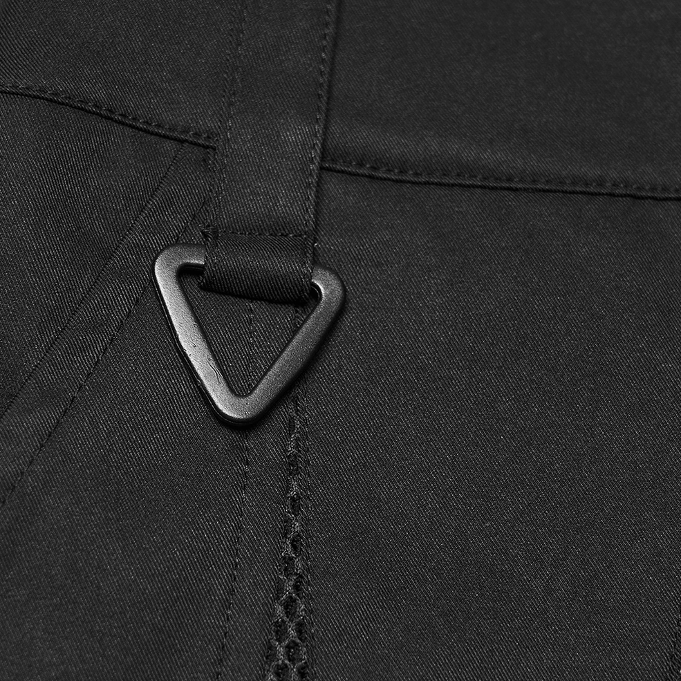 Additional detail view of black gothic cargo shorts construction and buckle strap functionality