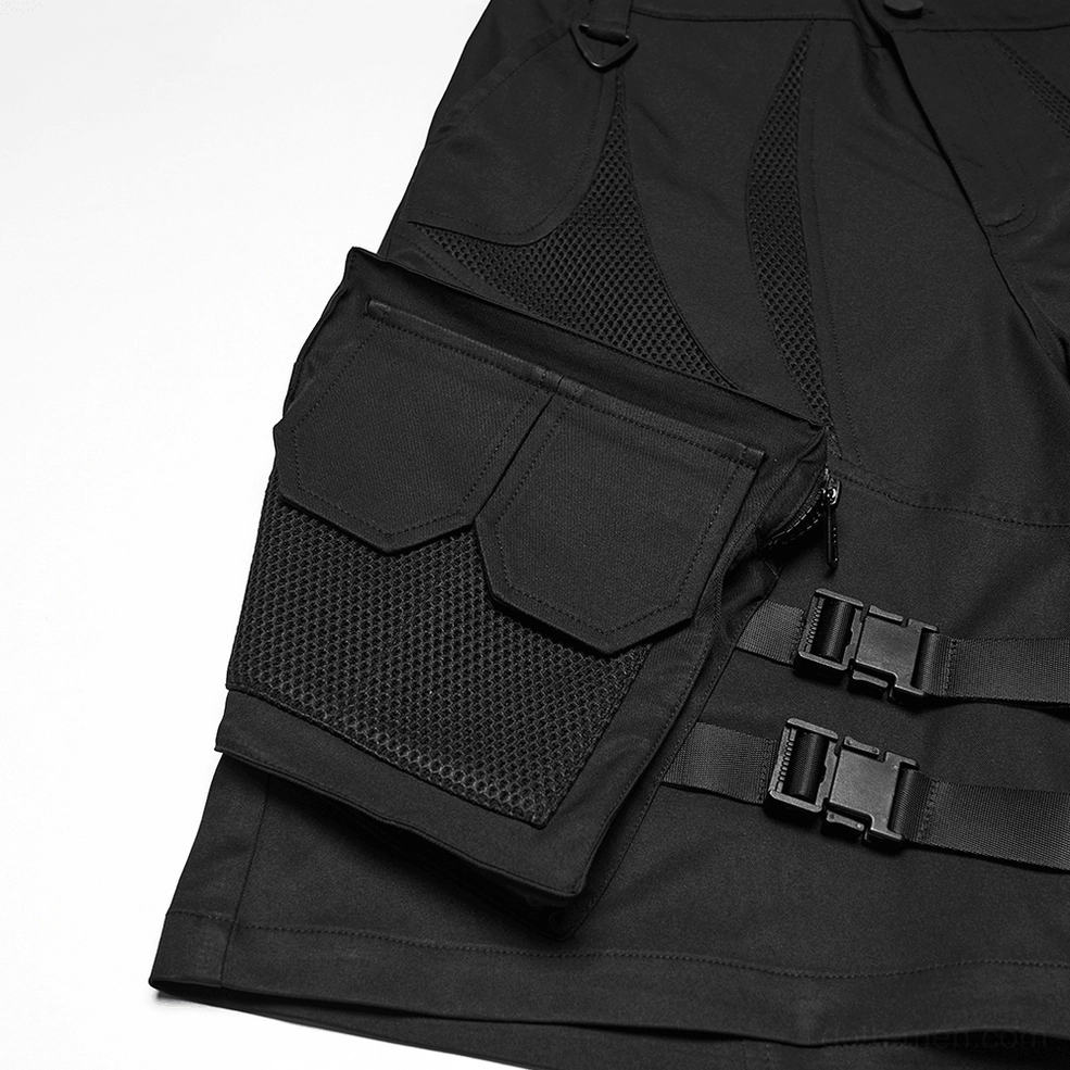 Side close-up detail of dual buckle straps and small flap pockets on mesh panels of gothic cargo shorts