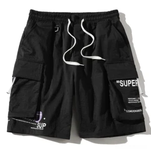 Black gothic cargo shorts with elastic waist and multi-pocket design - front flat lay view