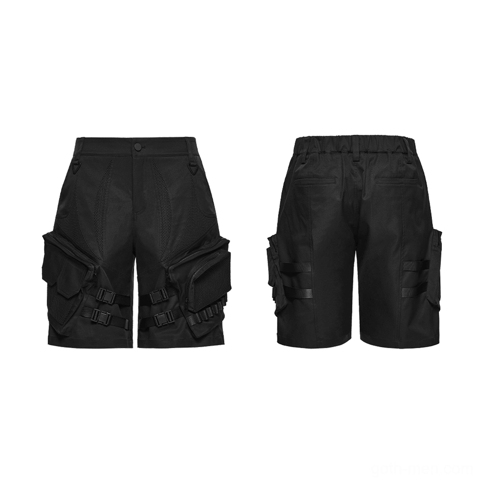 Flat lay front and rear view of black gothic cargo shorts displaying symmetrical 3D mesh pockets and hardware detail