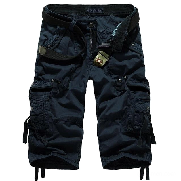Black military cargo capri shorts flat lay with matching belt - dark goth style multi-cargo pockets
