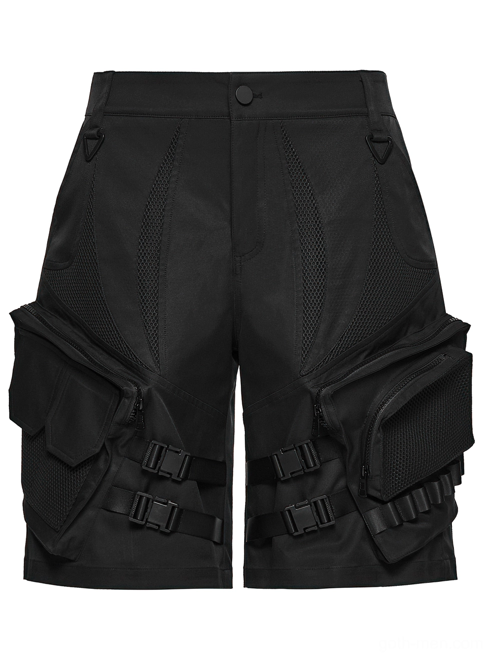Front flat lay of black gothic cargo shorts showing mesh fabric panels and multiple buckle fastenings in detail