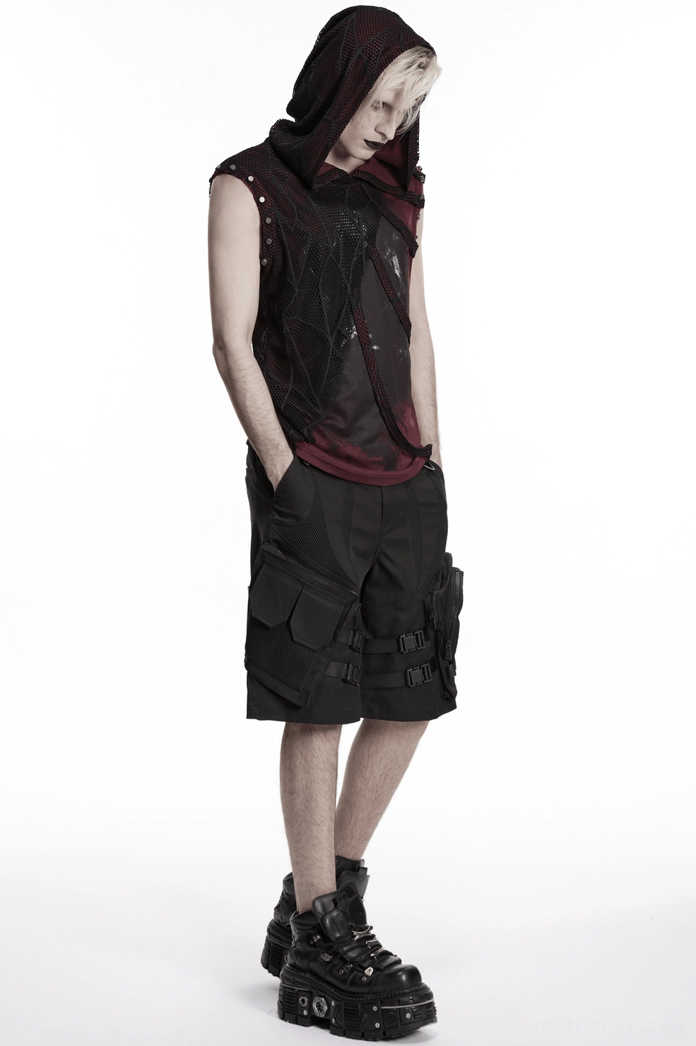 Gothic cargo shorts showing symmetrical pocket placement and structural design elements