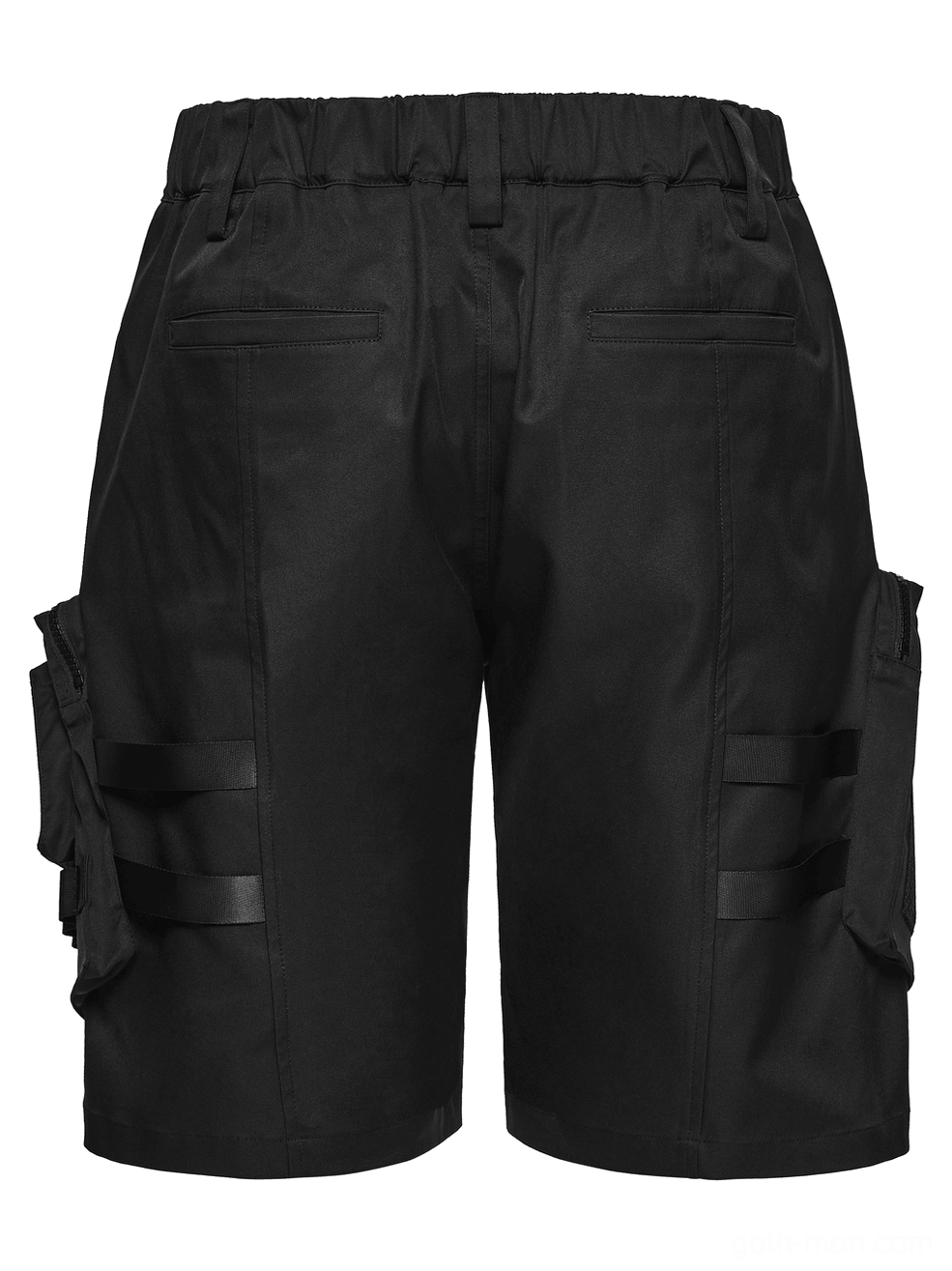 Rear flat lay view of black gothic cargo shorts with reinforced belt loops and side buckle strap details