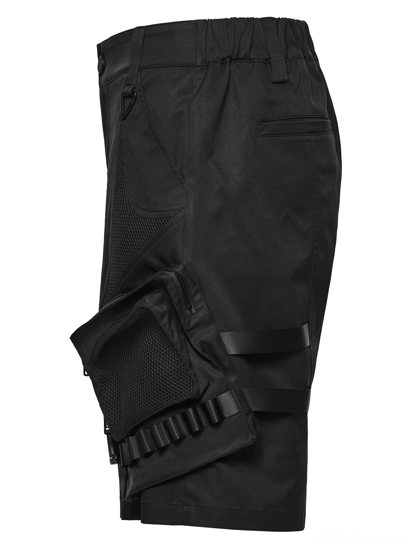 Side view flat lay of black gothic cargo shorts featuring elastic waistband and styled cargo pocket design
